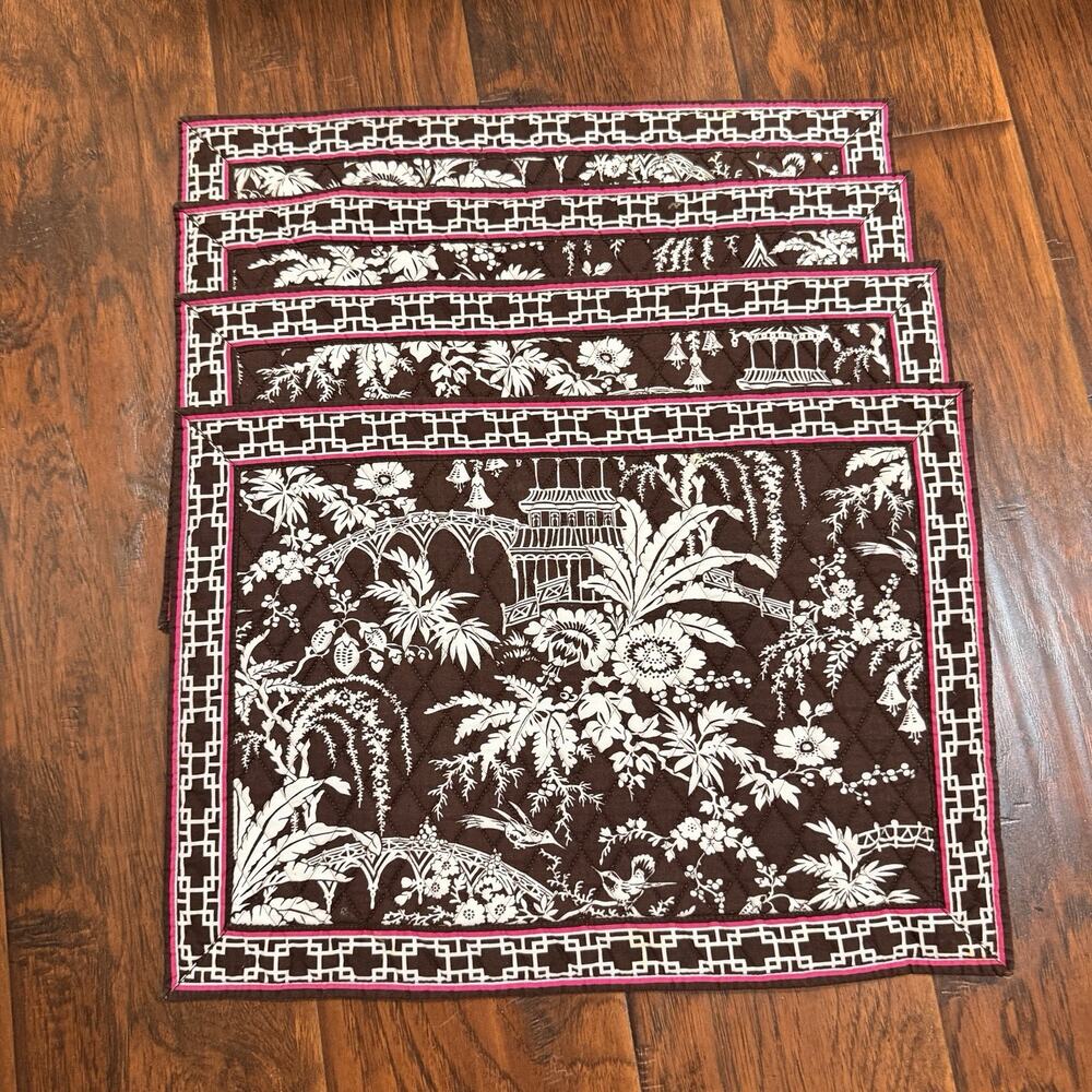 Vera Bradley Imperial Toile Quilted Placemats Set of 4 Brown Pink Retired VTG